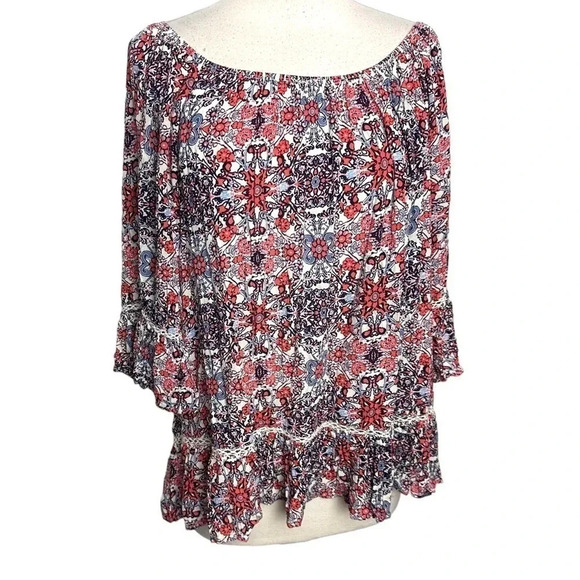 Fever XL multicolor boho print ruffled trim blouse‎ - Picture 1 of 7